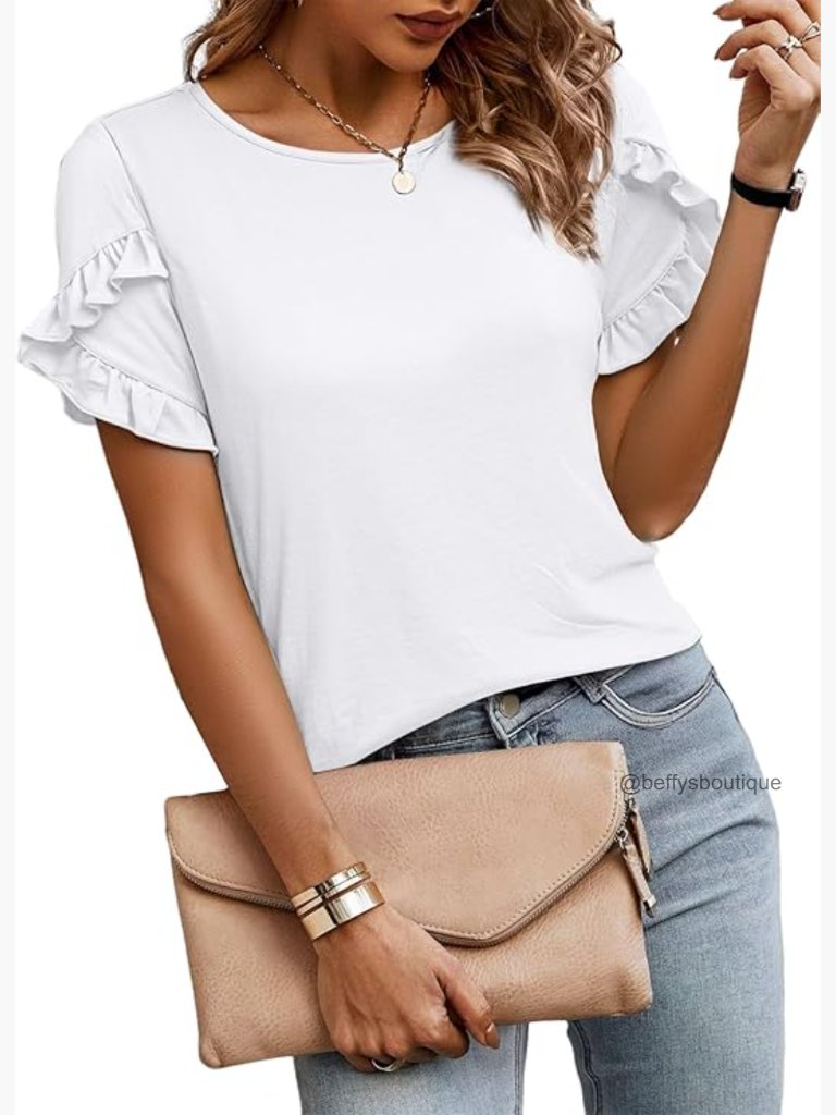 Ruffle Sleeve Crewneck Short Sleeve Blouse Casual Business Tee Top